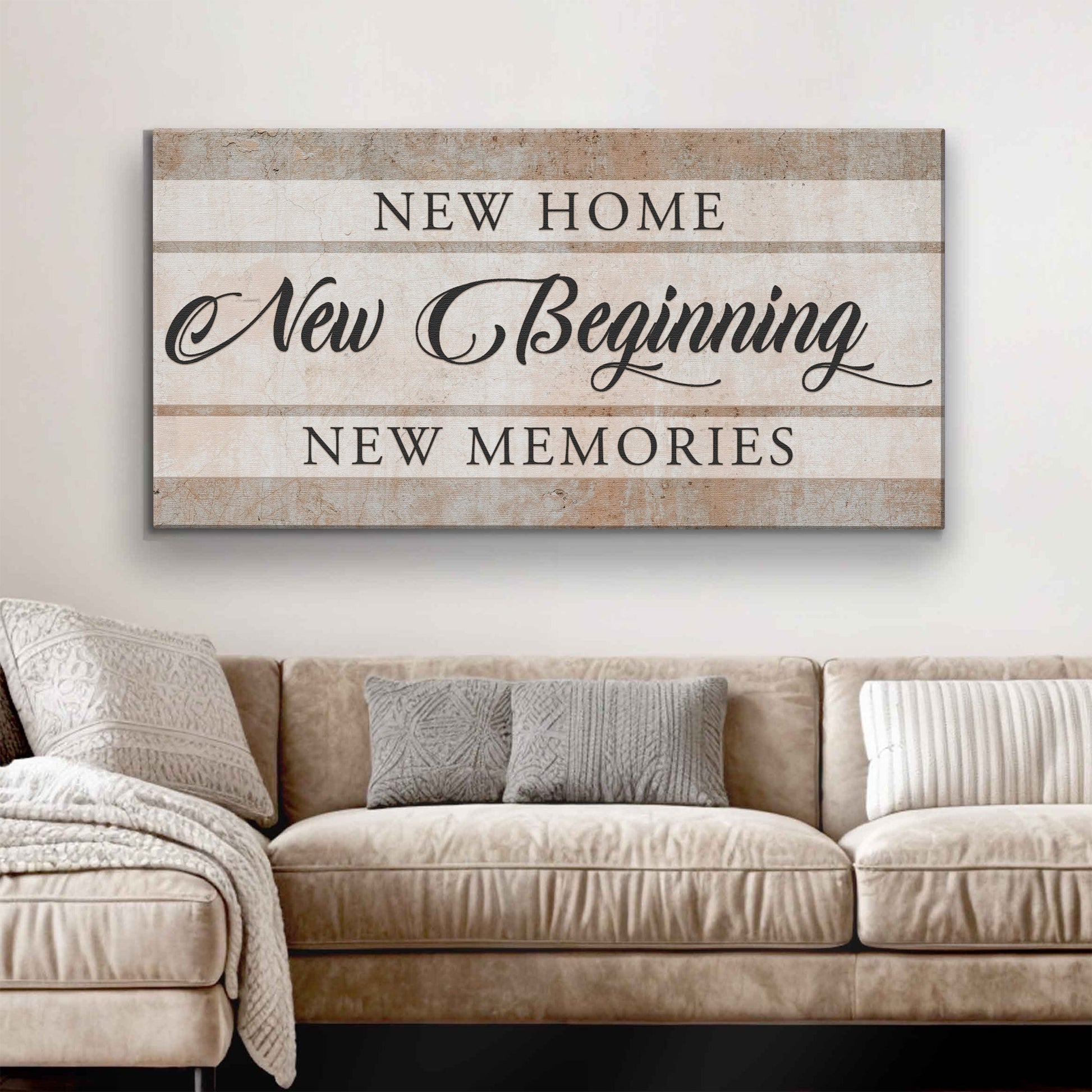 New Home New Beginning Sign VI canvas by Tailored Canvases in beige vintage wood look on Tampa Home & Garden Store