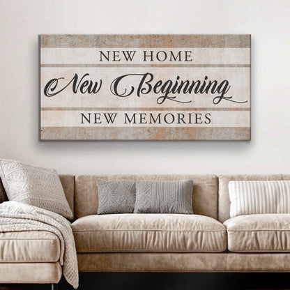 New Home New Beginning Sign VI canvas by Tailored Canvases in beige vintage wood look on Tampa Home & Garden Store