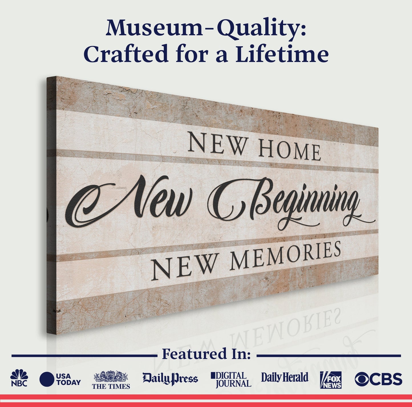 New Home New Beginning canvas sign on rustic beige wood panel with black serif text on Tampa Home & Garden Store