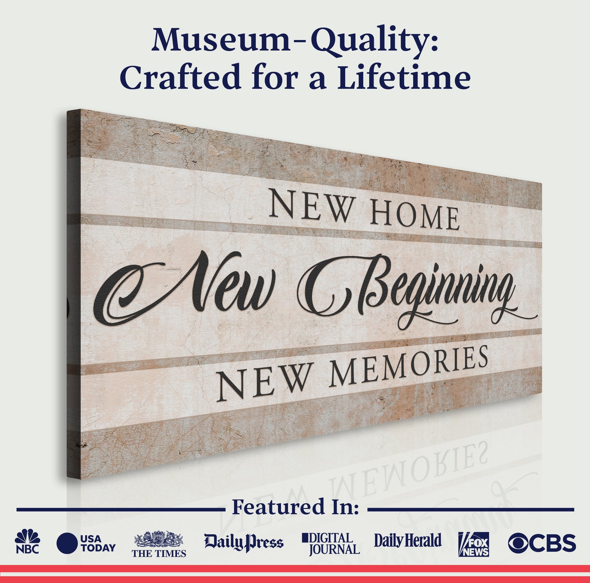 New Home New Beginning canvas sign on rustic beige wood panel with black serif text on Tampa Home & Garden Store