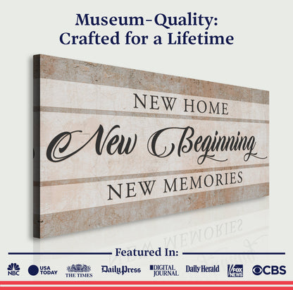 New Home New Beginning canvas sign on rustic beige wood panel with black serif text on Tampa Home & Garden Store