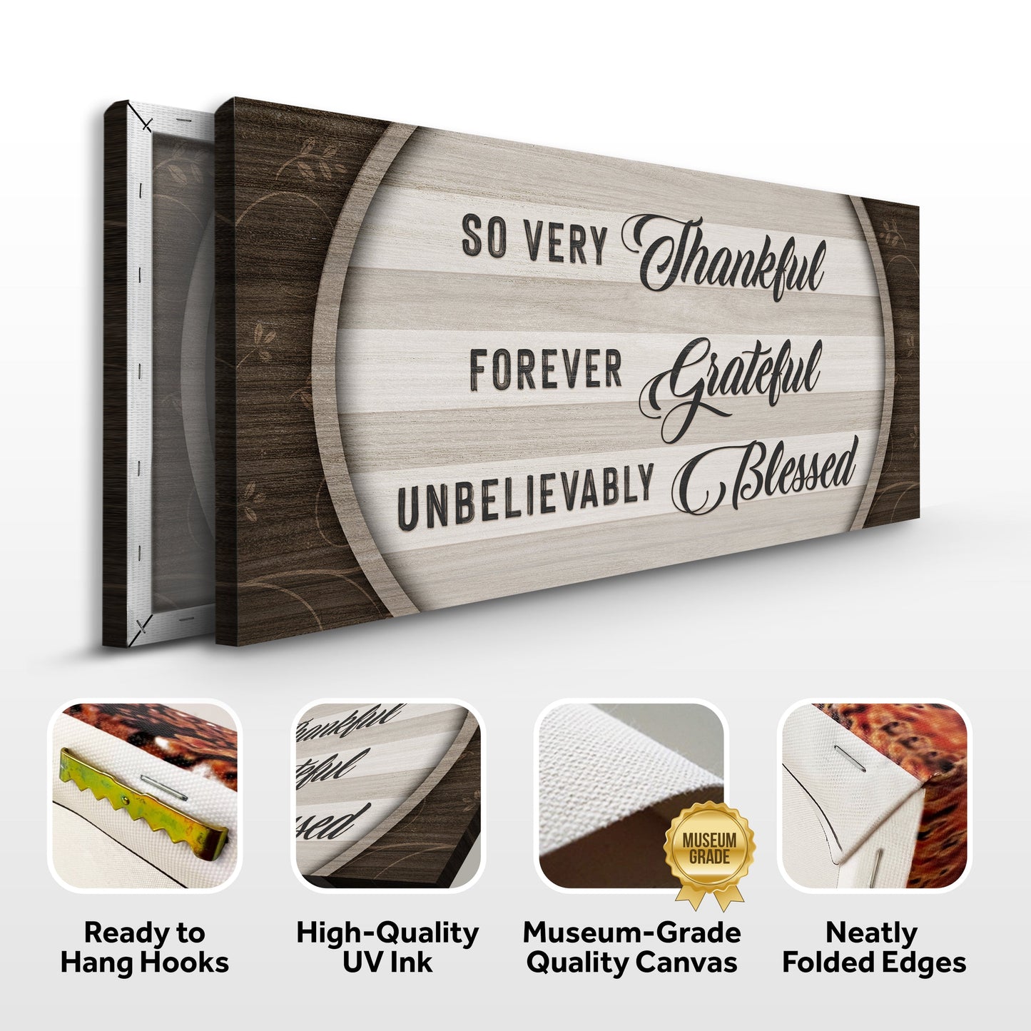 Thankful Grateful Blessed Sign IV canvas crafting wall art in wood tones Tailored Canvases on Tampa Home & Garden Store