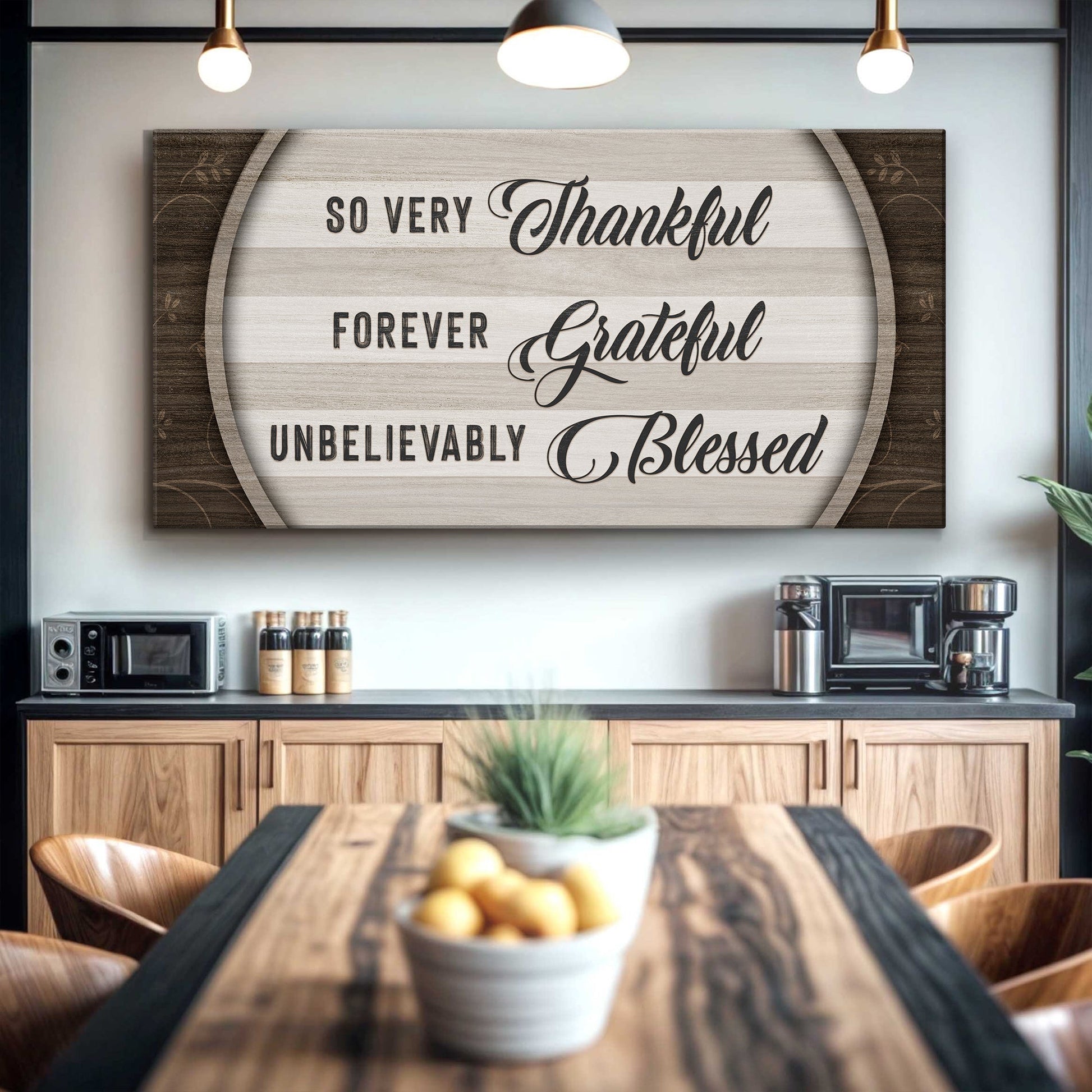 Thankful Grateful Blessed Sign IV canvas by Tailored Canvases with rustic wood frame on Tampa Home & Garden Store
