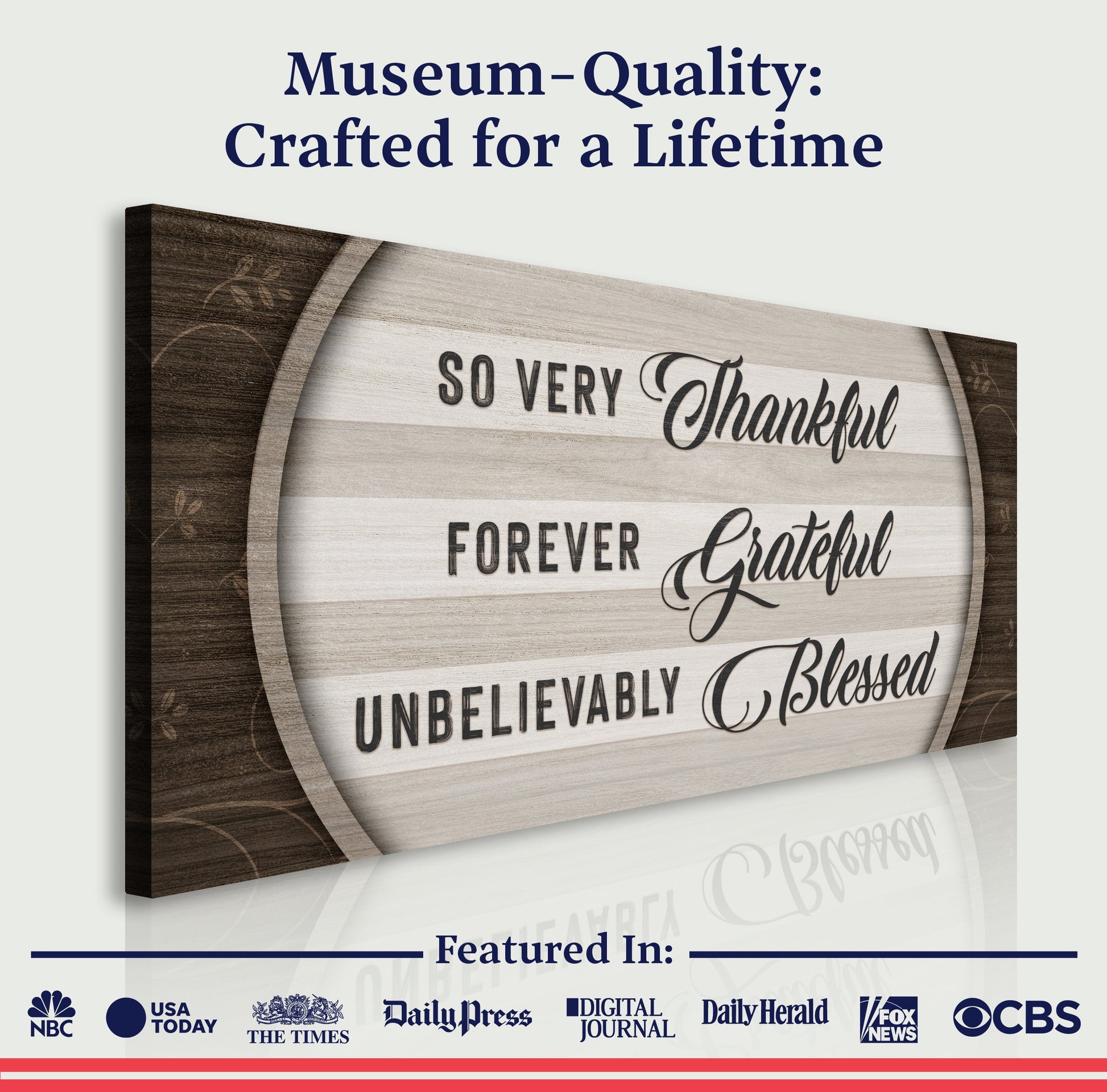 Thankful Grateful Blessed Sign IV canvas with rustic wood frame by Tailored Canvases on Tampa Home & Garden Store