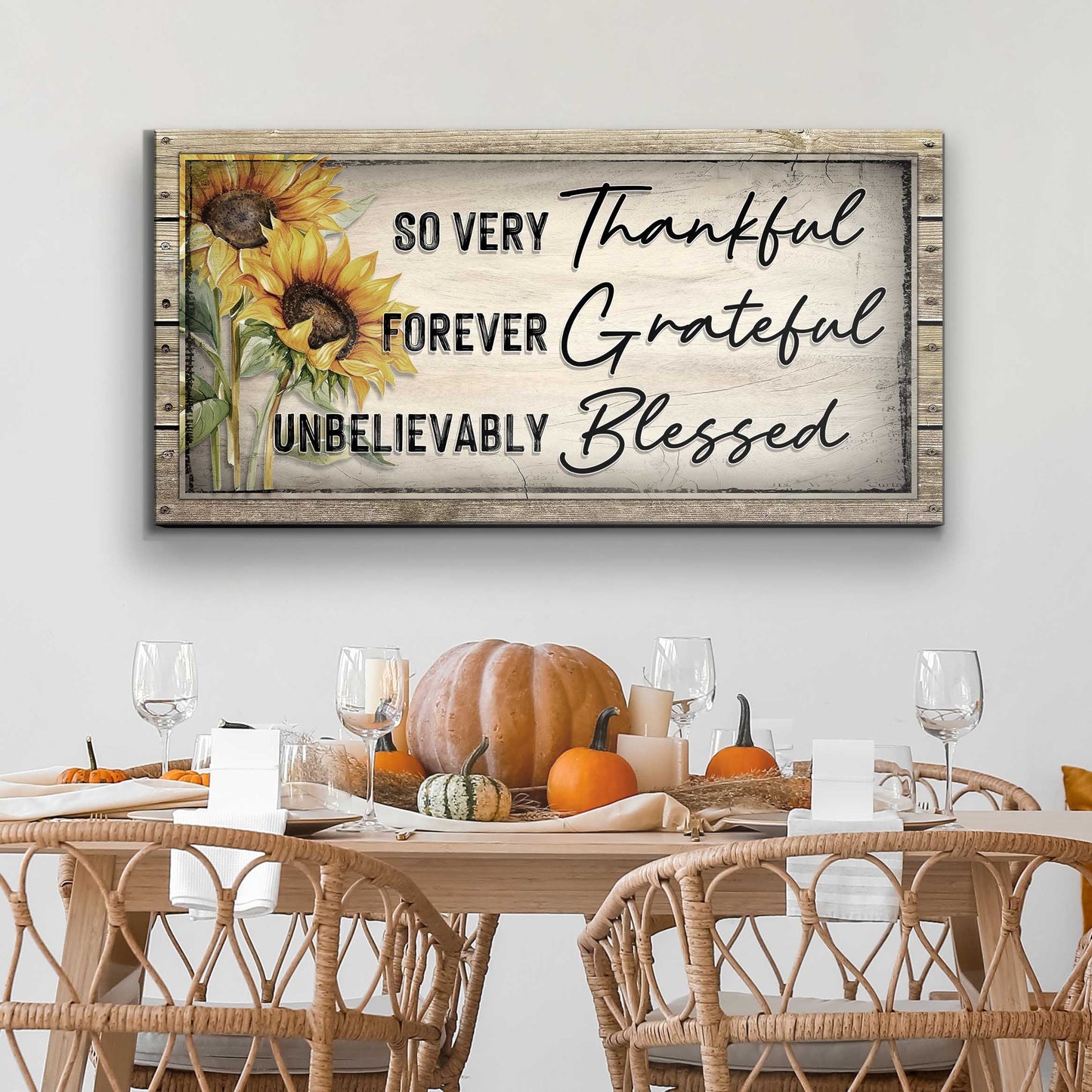 Grateful Thankful Blessed Family Sign II canvas with sunflowers in rustic wood frame on Tampa Home & Garden Store