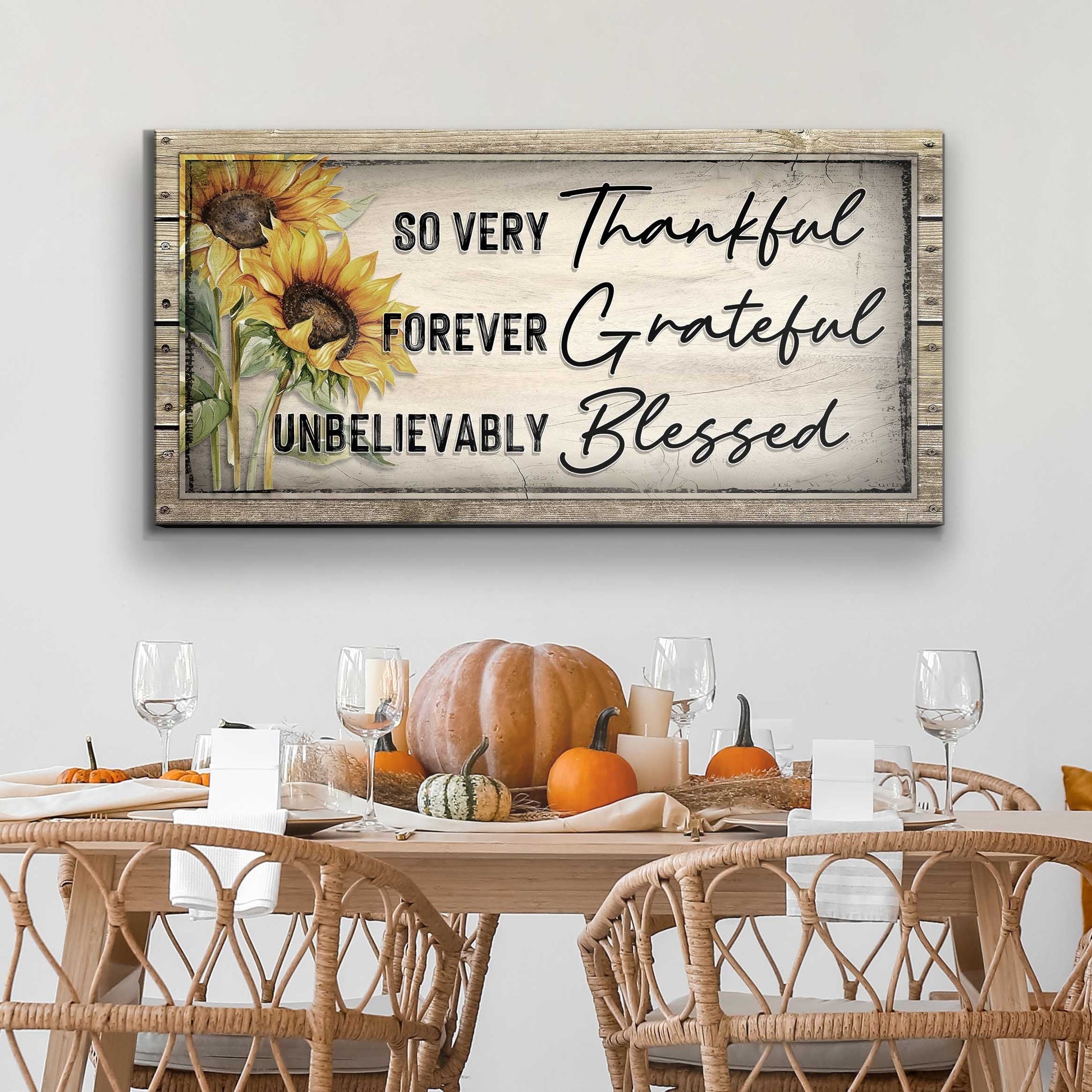 Grateful Thankful Blessed Family Sign II canvas with sunflowers in rustic wood frame on Tampa Home & Garden Store