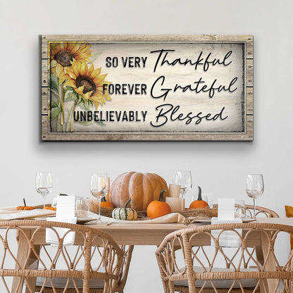 Grateful Thankful Blessed Family Sign II canvas with sunflowers in rustic wood frame on Tampa Home & Garden Store