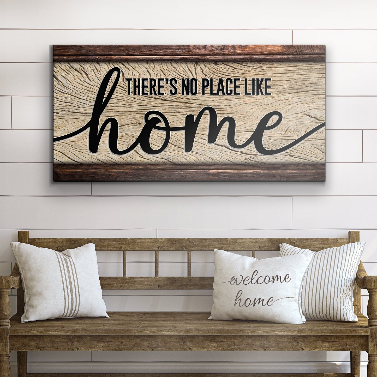 No Place Like Home canvas sign with woodgrain backdrop and bold script home lettering on cream panel on Tampa Home & Garden Store