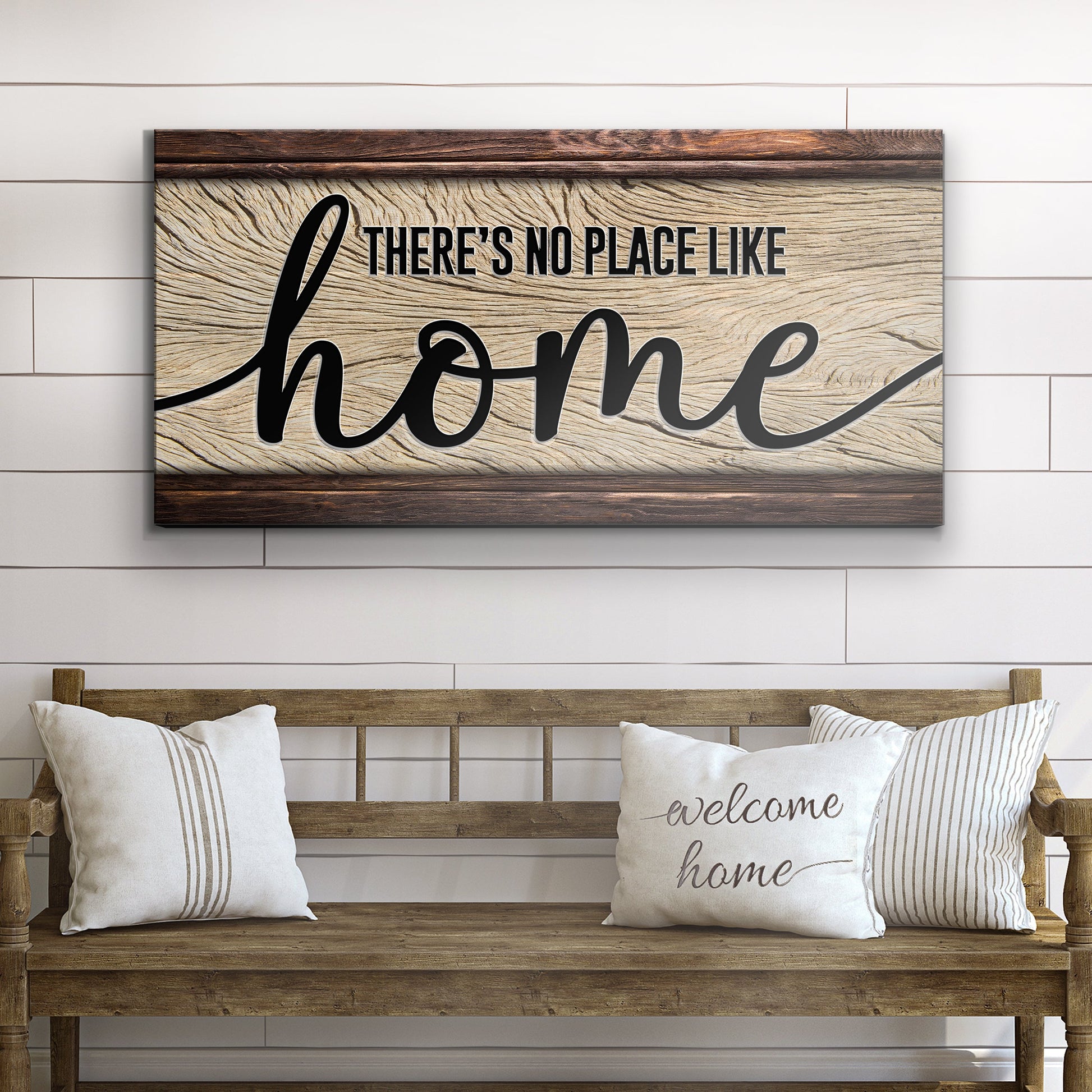 No Place Like Home canvas sign with woodgrain backdrop and bold script home lettering on cream panel on Tampa Home & Garden Store
