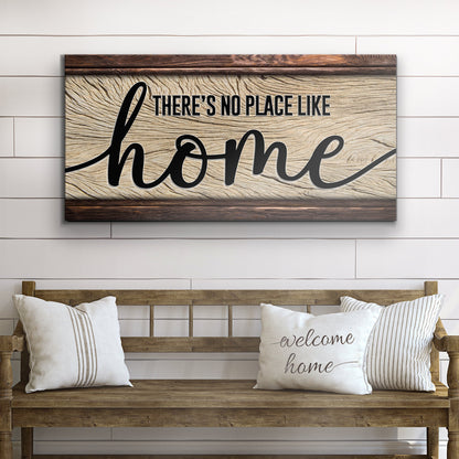 No Place Like Home canvas sign with woodgrain backdrop and bold script home lettering on cream panel on Tampa Home & Garden Store