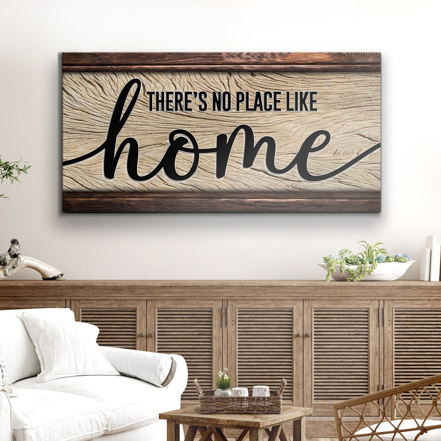 No Place Like Home Sign canvas with wood grain background and bold script Tailored Canvases on Tampa Home & Garden Store