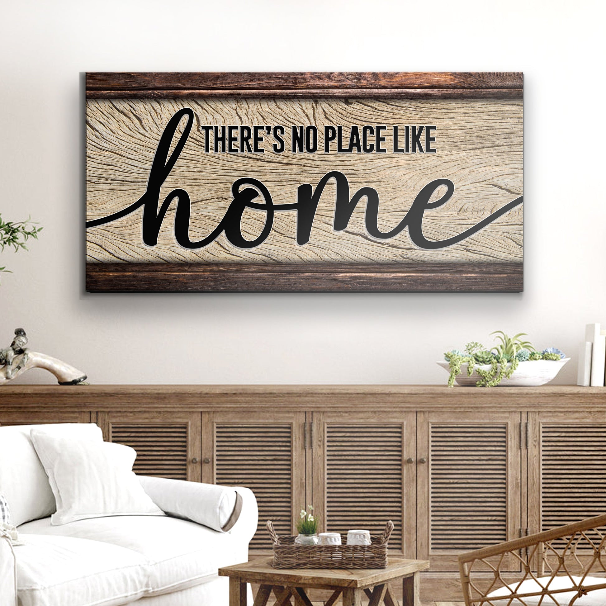 No Place Like Home Sign canvas with wood grain background and bold script Tailored Canvases on Tampa Home & Garden Store