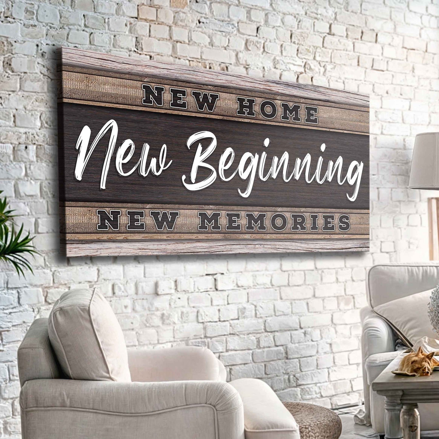 New Home New Beginnings canvas sign on rustic wood plank backdrop with bold serif NEW HOME on Tampa Home & Garden Store