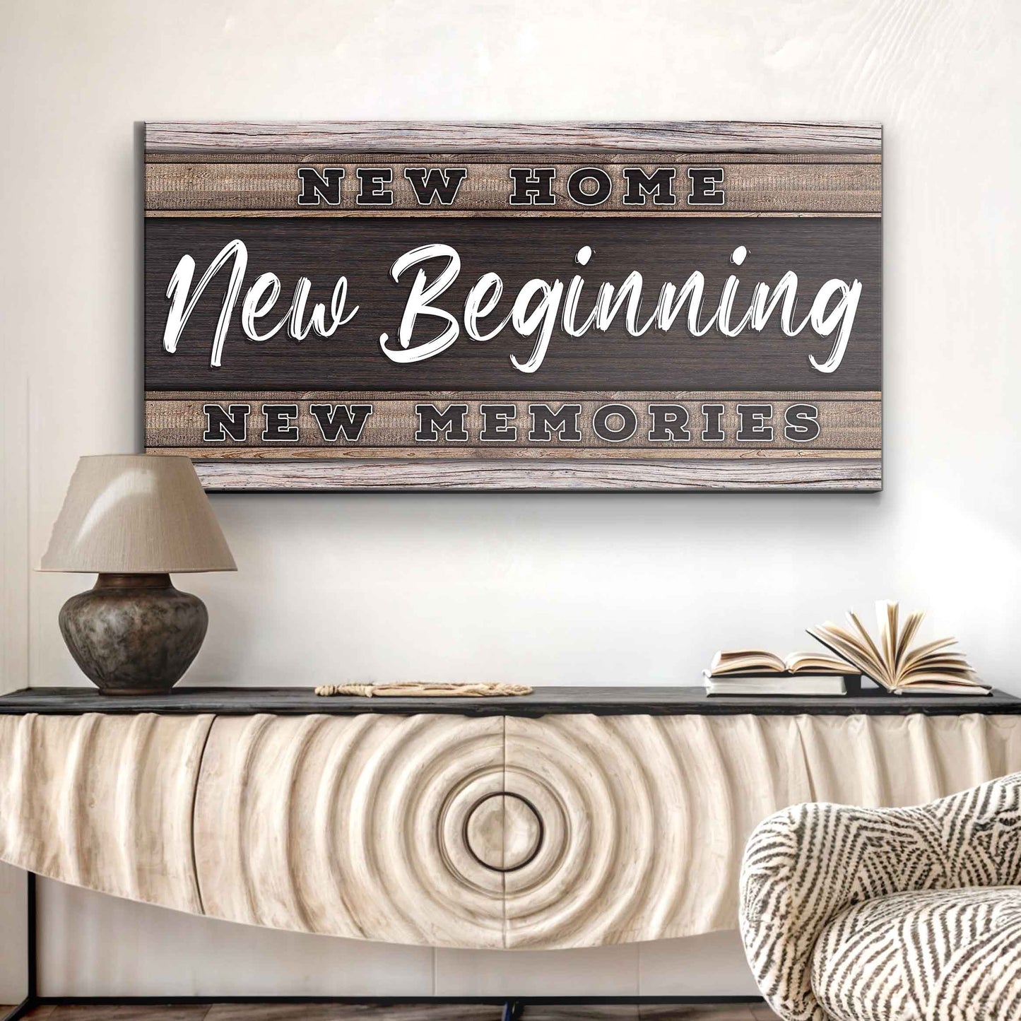 Tailored Canvases canvas sign with wood plank panels reading New Home New Beginning on Tampa Home & Garden Store