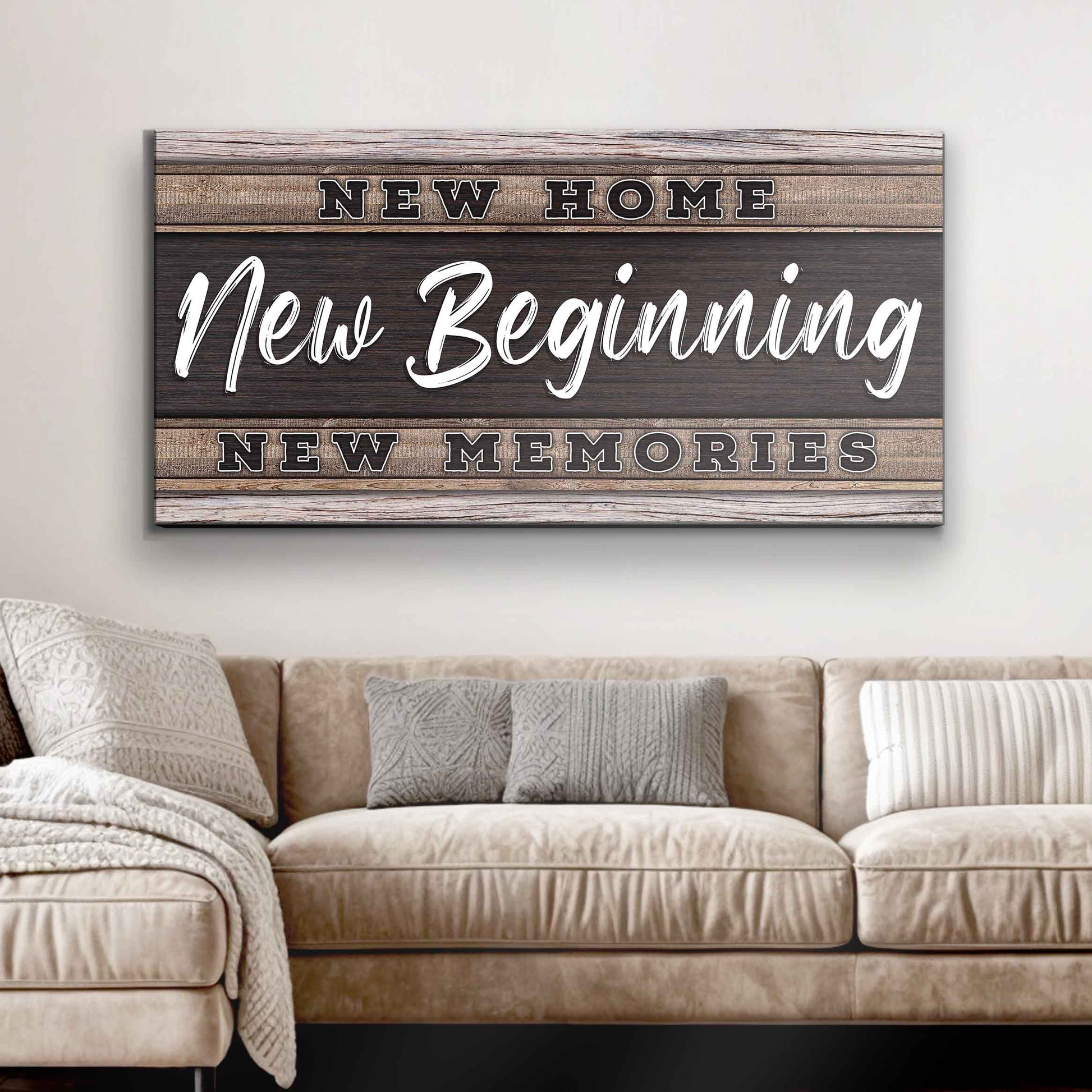 New Home New Beginning Sign canvas on rustic wood planks with bold block letters and script on Tampa Home & Garden Store