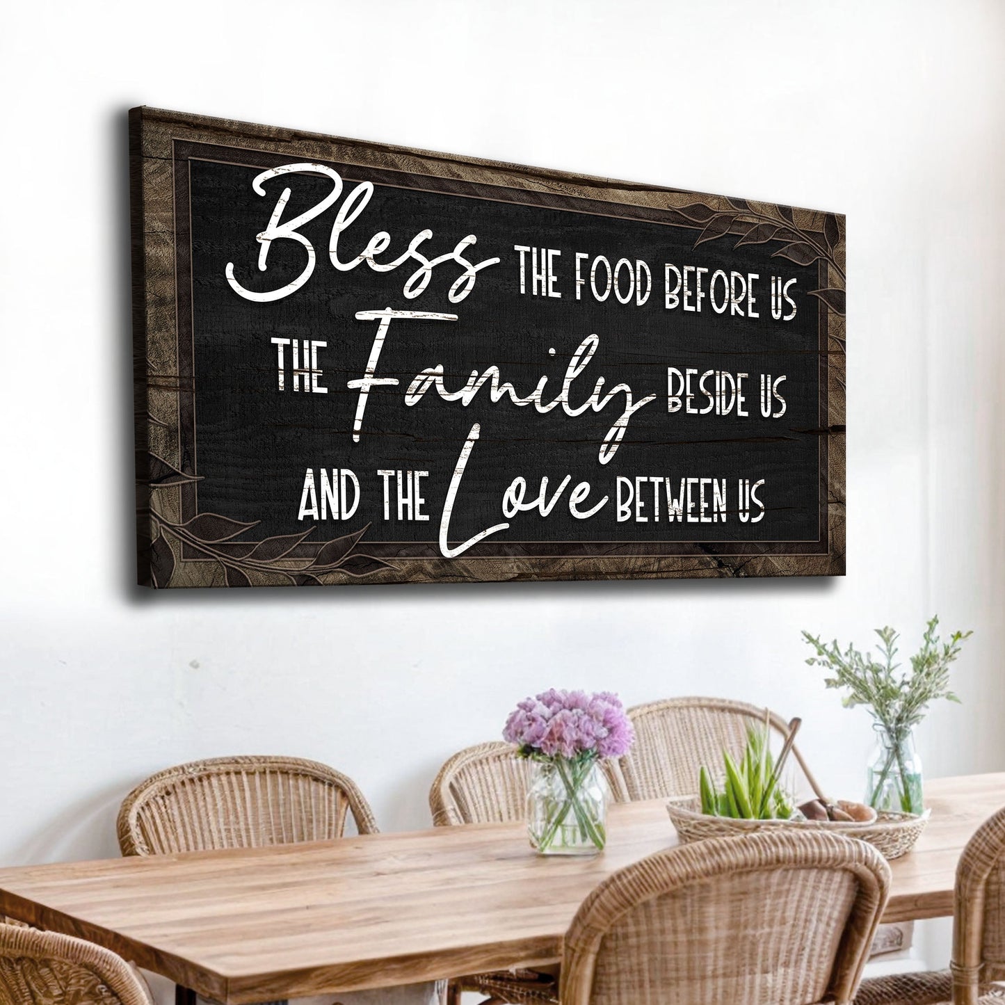Bless The Food Before Us And The Love Between Us Sign III canvas wood frame Tailored Canvases on Tampa Home & Garden Store