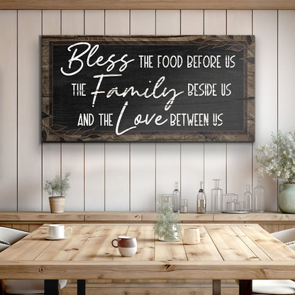 Canvas sign Bless The Food Before Us TailoredCanvases, chalkboard-style lettering on dark canvas on Tampa Home & Garden Store