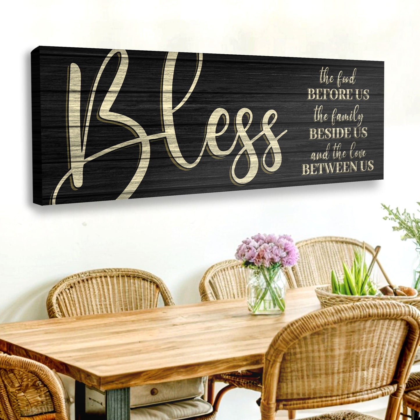 Canvas sign Bless The Food Before Us And The Love Between Us Sign VI on wood with gold lettering on Tampa Home & Garden Store
