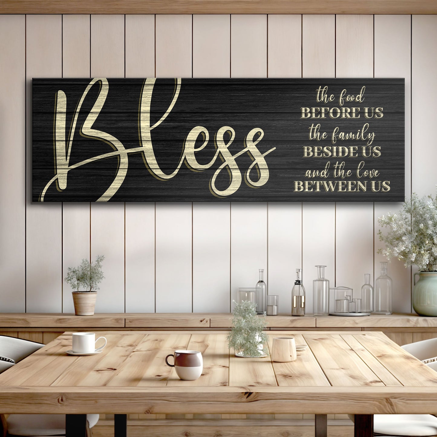 Canvas sign black wood with gold script Bless The Food Before Us And The Love Between Us on Tampa Home & Garden Store