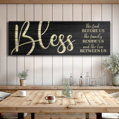 Canvas sign black wood with gold script Bless The Food Before Us And The Love Between Us on Tampa Home & Garden Store