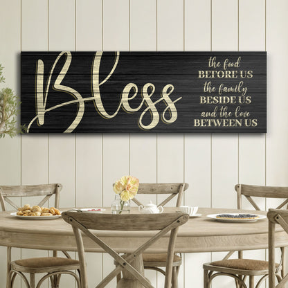 Canvas sign Bless The Food Before Us And The Love Between Us VI wood panel beige script on Tampa Home & Garden Store