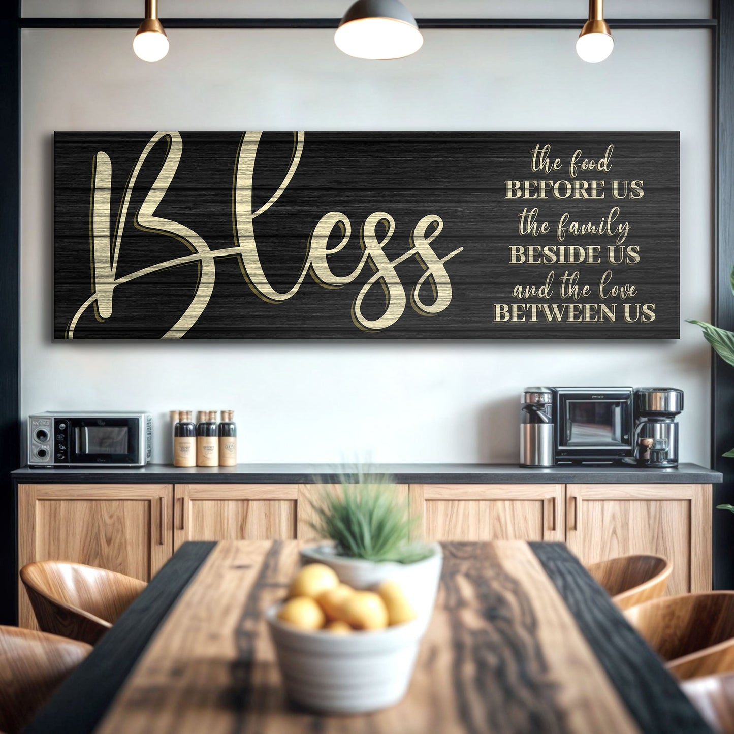 Bless The Food Before Us And The Love Between Us canvas on black wood with gold lettering on Tampa Home & Garden Store