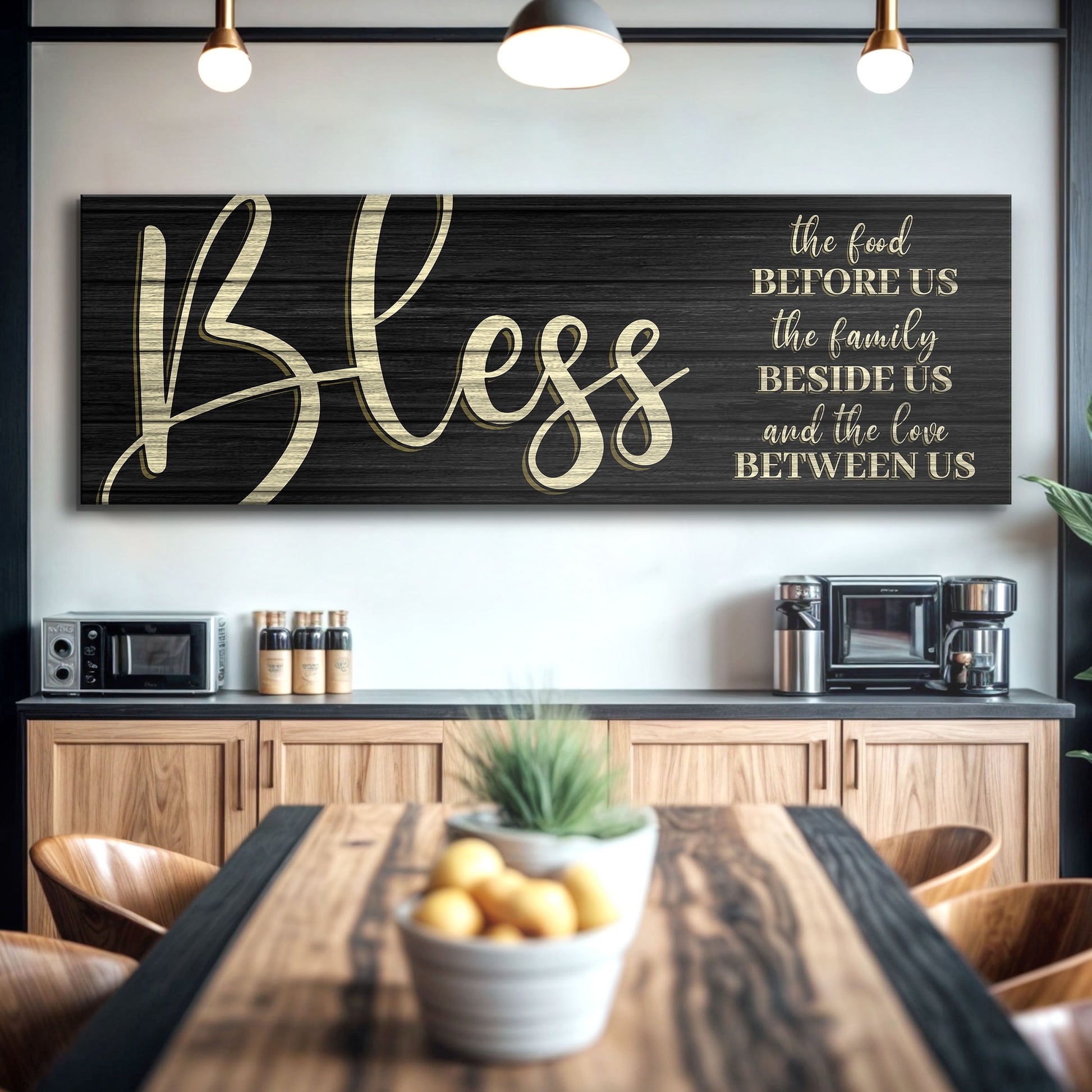 Bless The Food Before Us And The Love Between Us canvas on black wood with gold lettering on Tampa Home & Garden Store