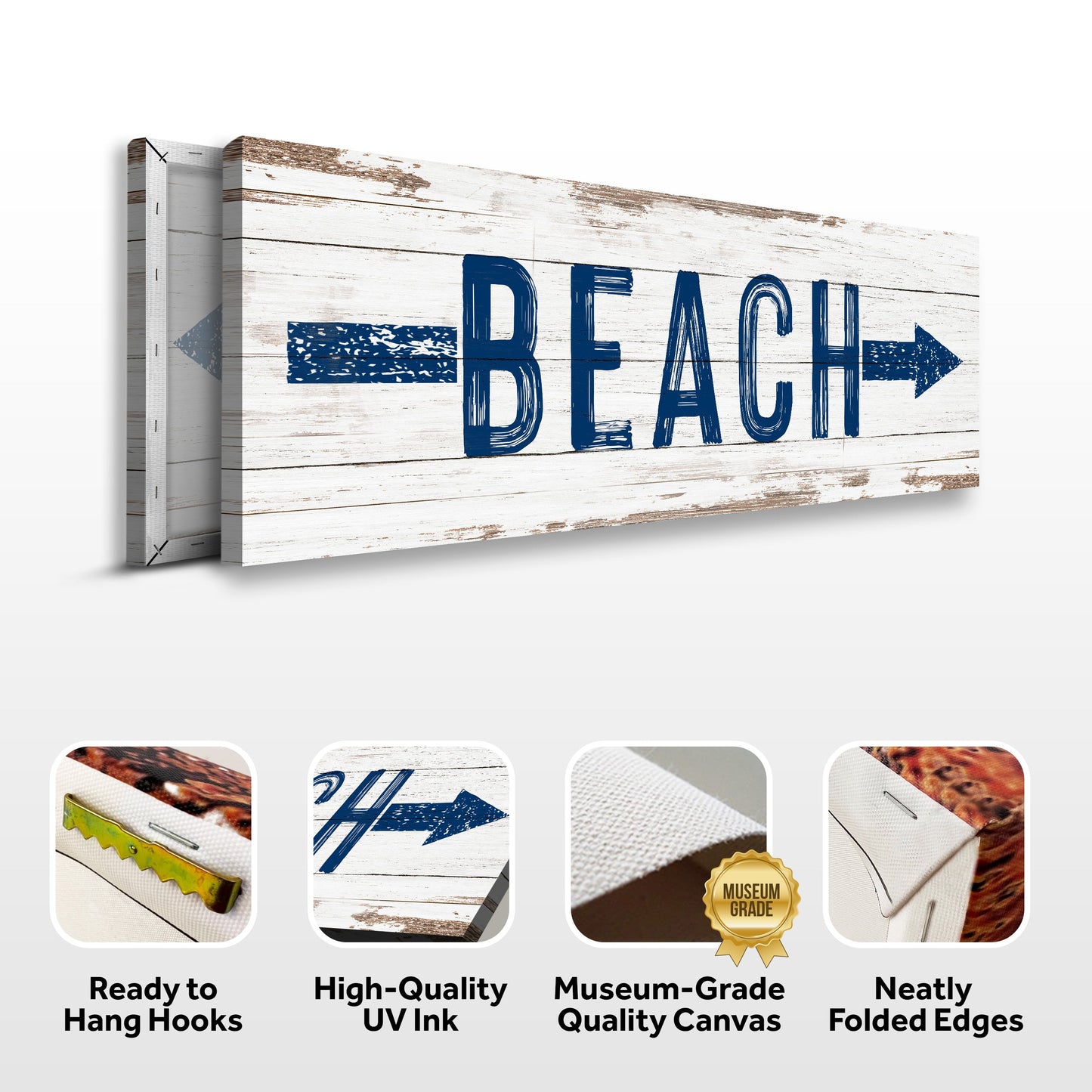 Shore Direction Arrow Beach Sign II canvas; weathered whitewashed wood with blue BEACH on Tampa Home & Garden Store