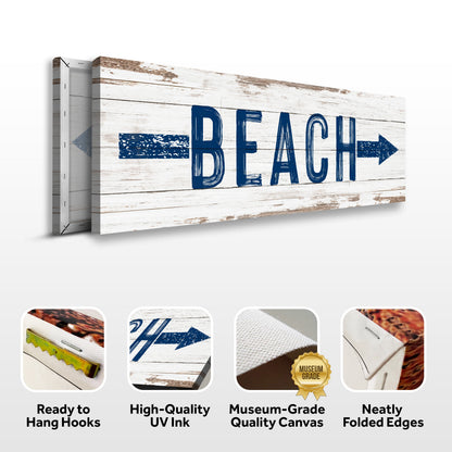 Shore Direction Arrow Beach Sign II canvas; weathered whitewashed wood with blue BEACH on Tampa Home & Garden Store