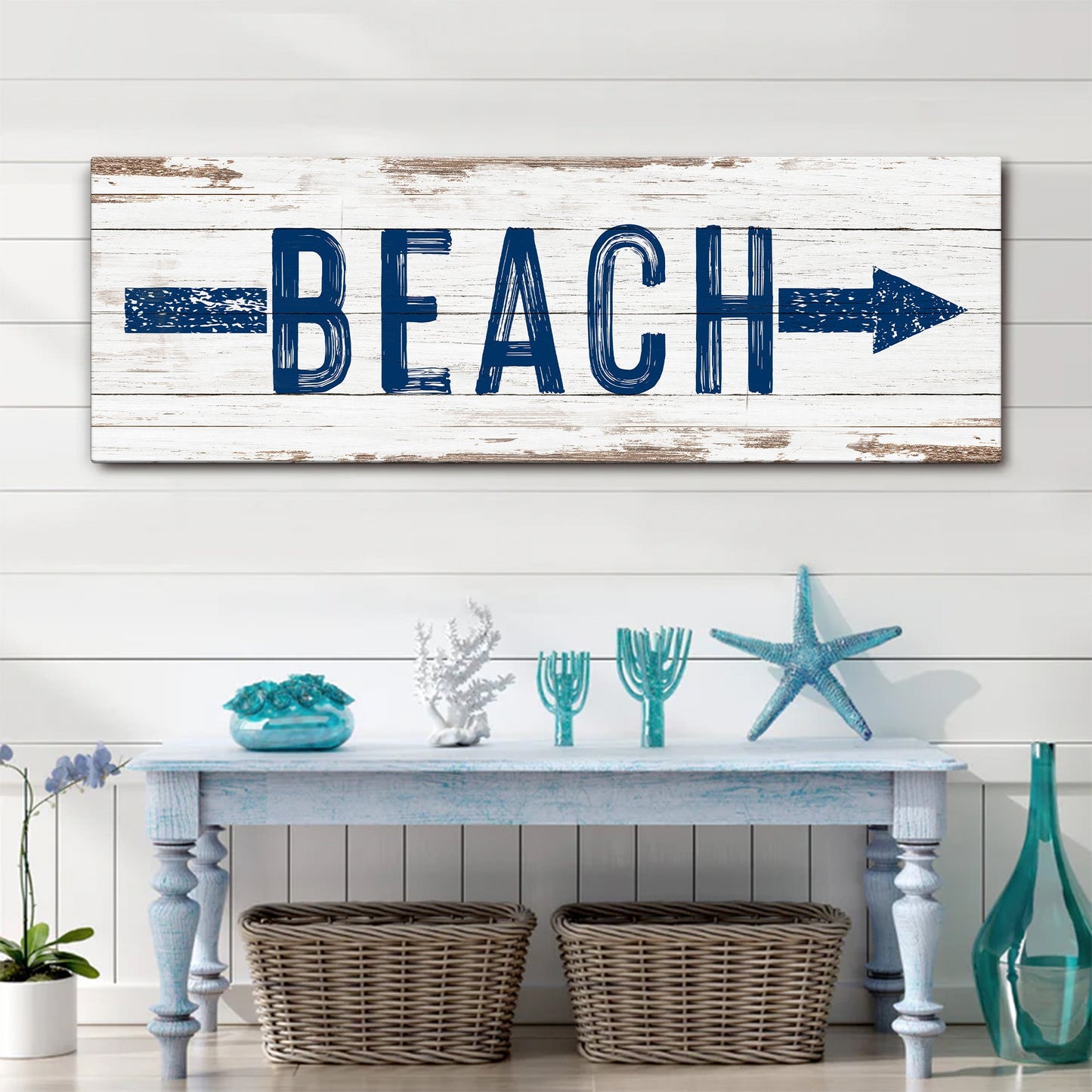 Shore Direction Arrow Beach Sign II canvas decor on whitewashed wood with bold blue lettering Tailored Canvases on Tampa Home & Garden Store