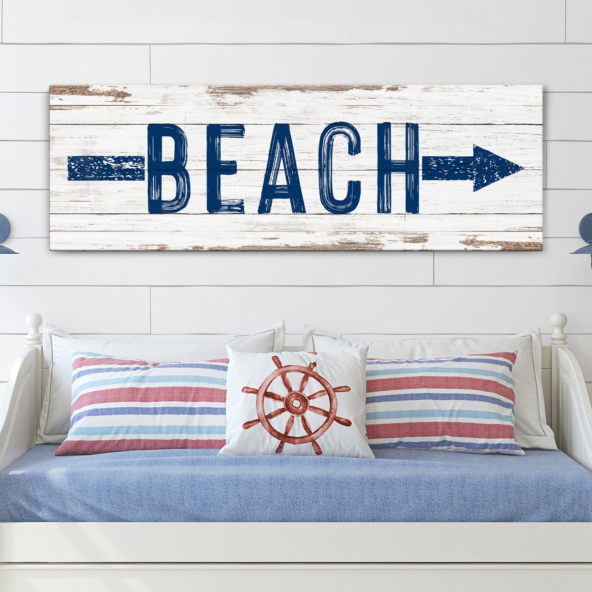 Shore Direction Arrow Beach Sign II canvas with whitewashed wood and blue BEACH lettering on Tampa Home & Garden Store