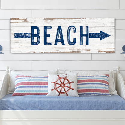 Shore Direction Arrow Beach Sign II canvas with whitewashed wood and blue BEACH lettering on Tampa Home & Garden Store