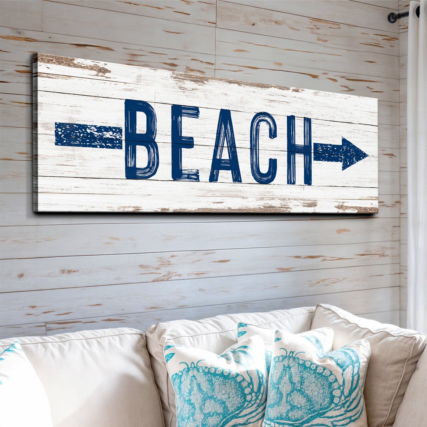 Shore Direction Arrow Beach Sign II canvas with distressed whitewashed wood plank look on Tampa Home & Garden Store