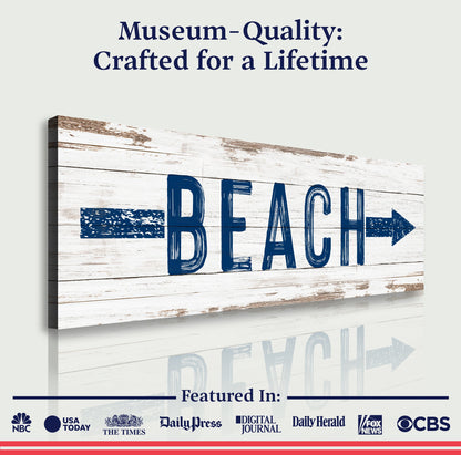 Shore Direction Arrow Beach Sign II canvas with navy lettering Tailored Canvases on Tampa Home & Garden Store