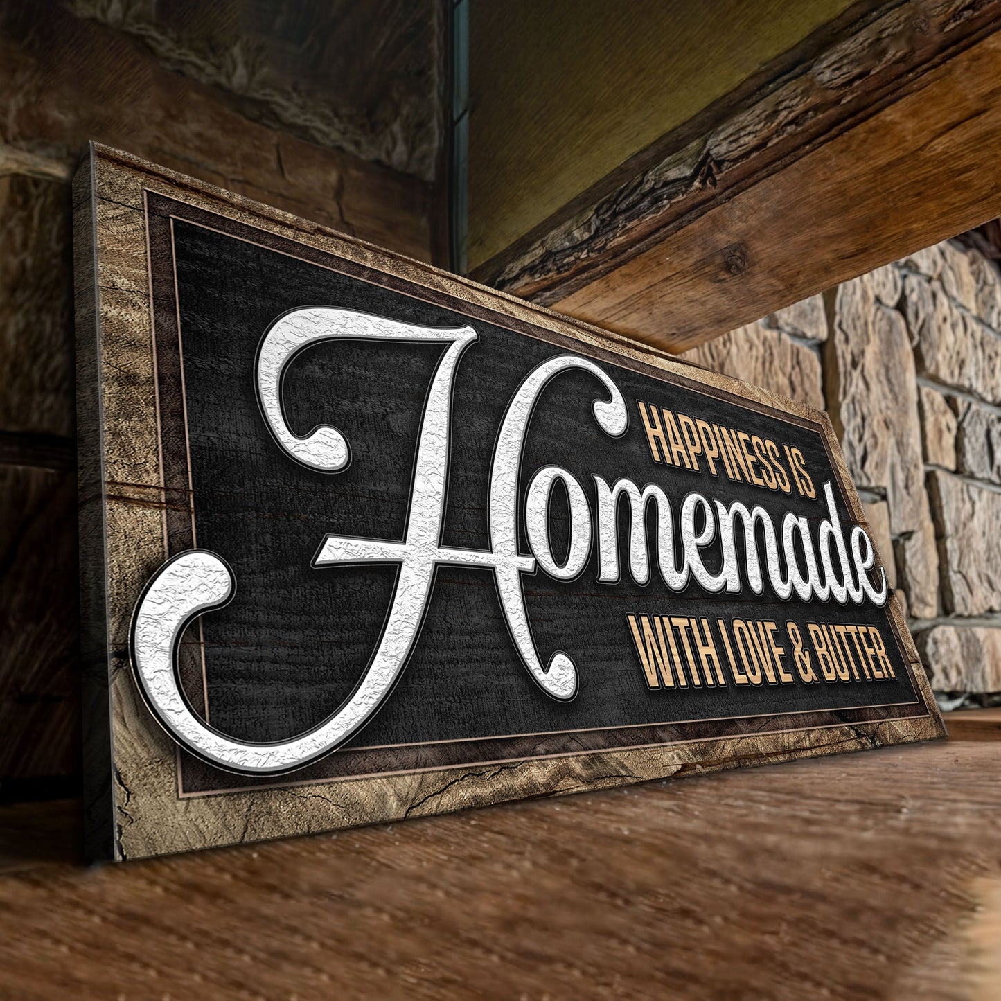 Happiness Is Homemade Canvas Sign II rustic frame bold white lettering on black on Tampa Home & Garden Store