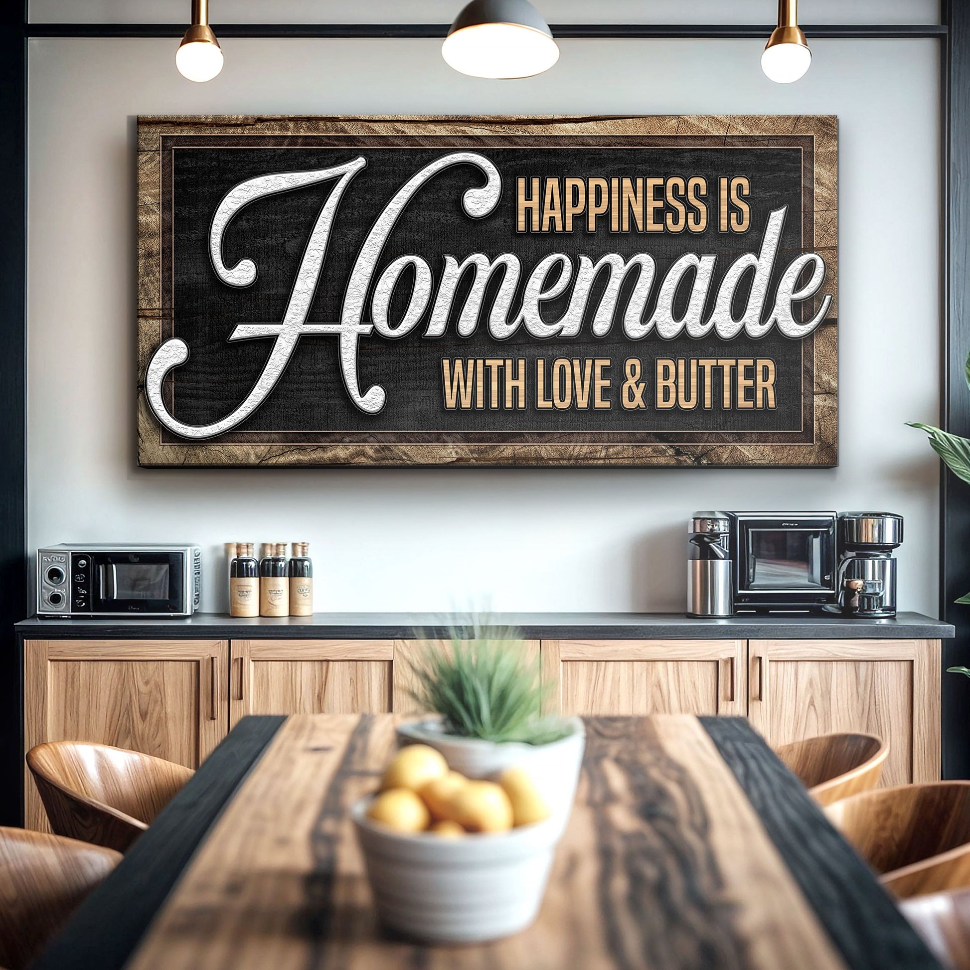 Canvas sign Happiness Is Homemade With Love And Butter Sign II on black panel rustic wood frame on Tampa Home & Garden Store