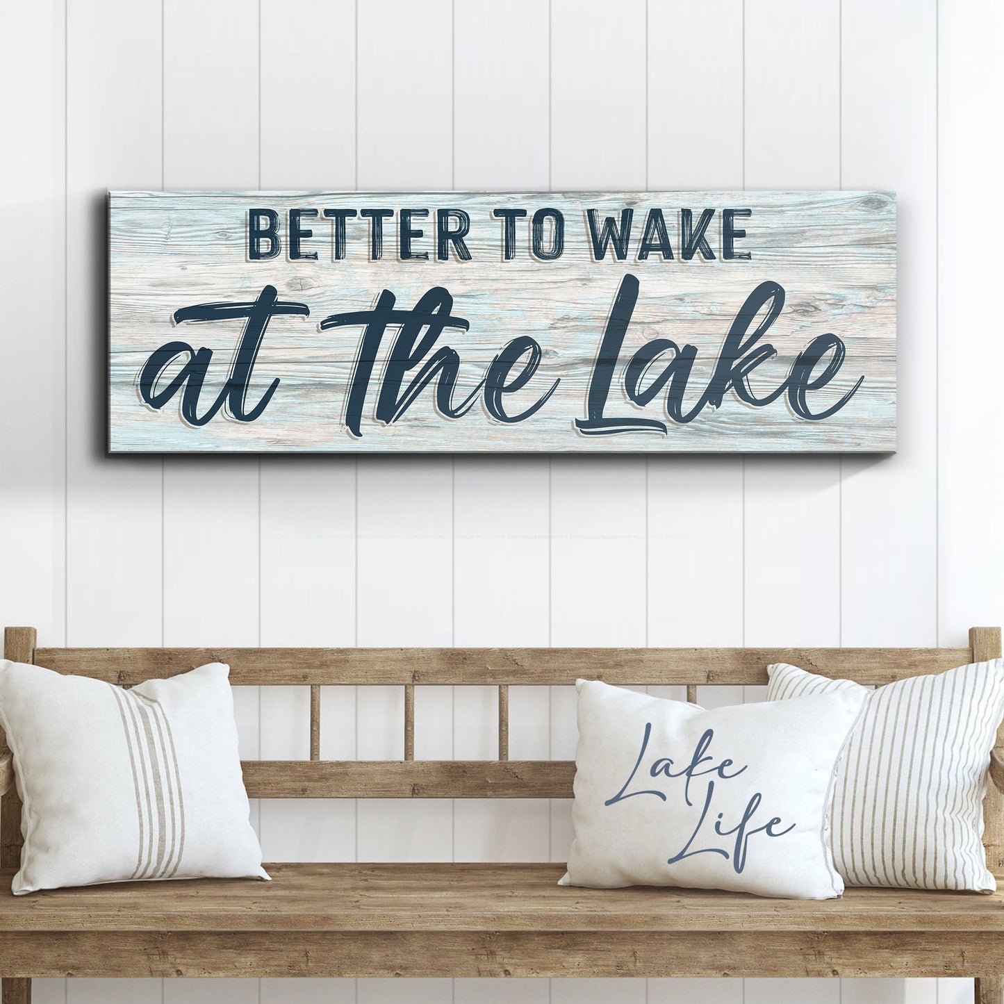 Canvas sign Better To Wake At The Lake Life on weathered blue wood by Tailored Canvases on Tampa Home & Garden Store