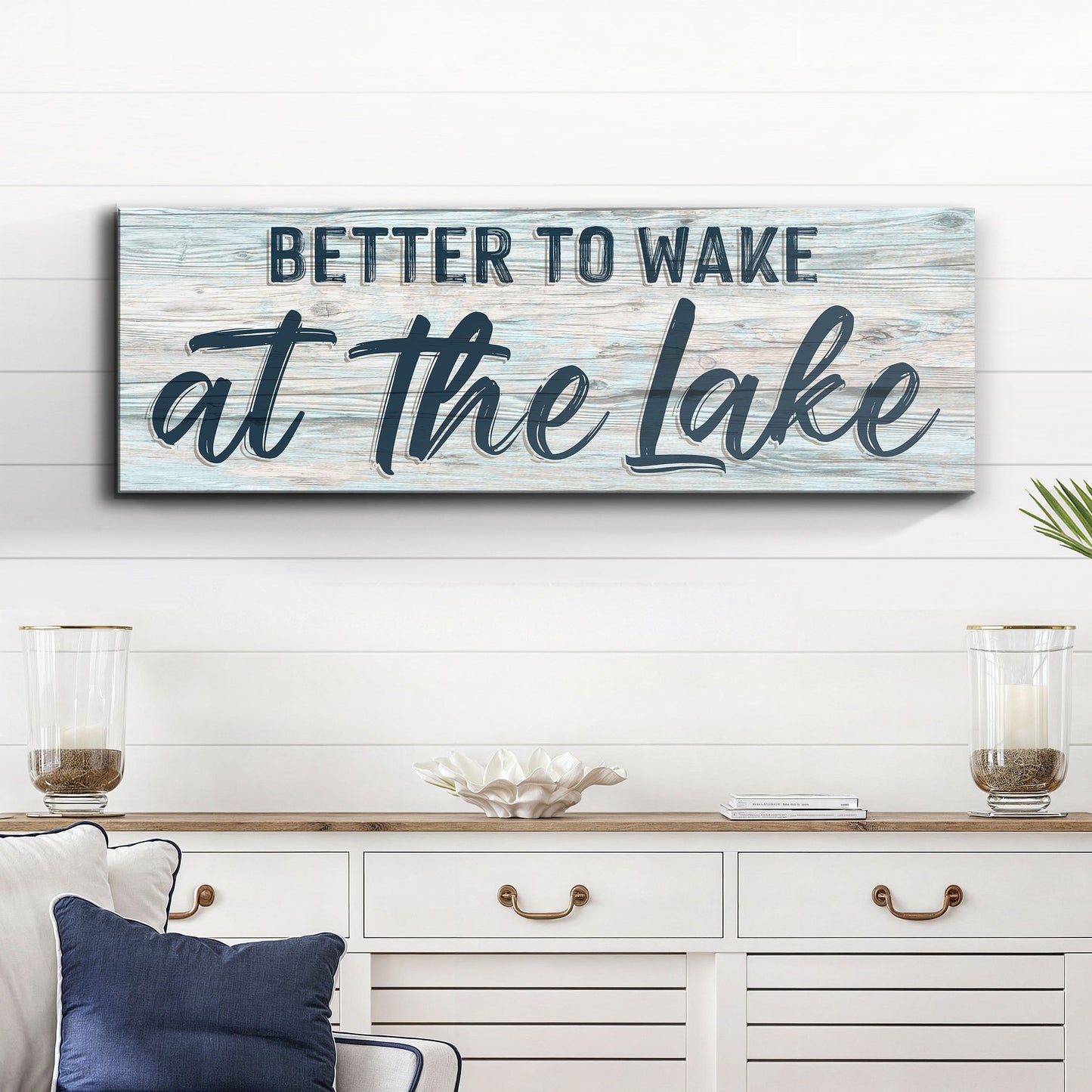 Better To Wake At The Lake canvas sign with blue script on rustic wood by Tailored Canvases on Tampa Home & Garden Store