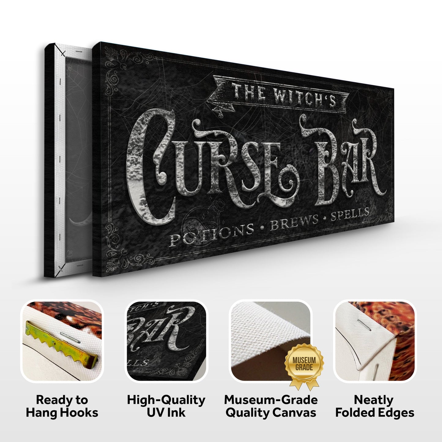 The Witch's Curse Bar Halloween Sign II canvas with black chalkboard texture on Tampa Home & Garden Store