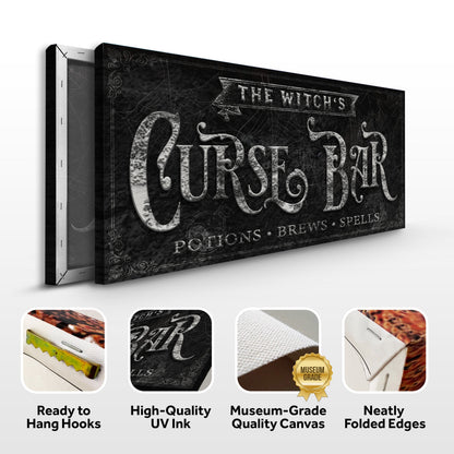 The Witch's Curse Bar Halloween Sign II canvas with black chalkboard texture on Tampa Home & Garden Store