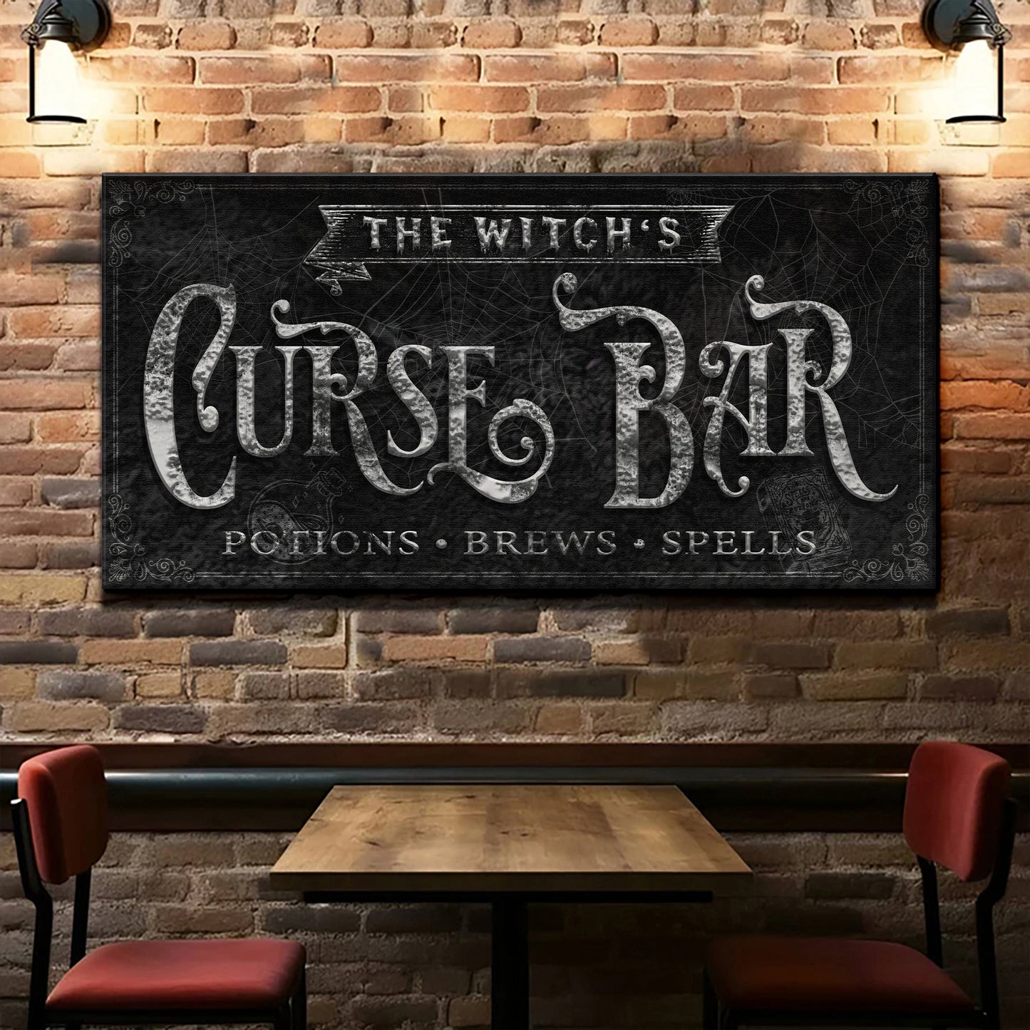 The Witch's Curse Bar canvas sign by Tailored Canvases; chalkboard with white lettering on Tampa Home & Garden Store