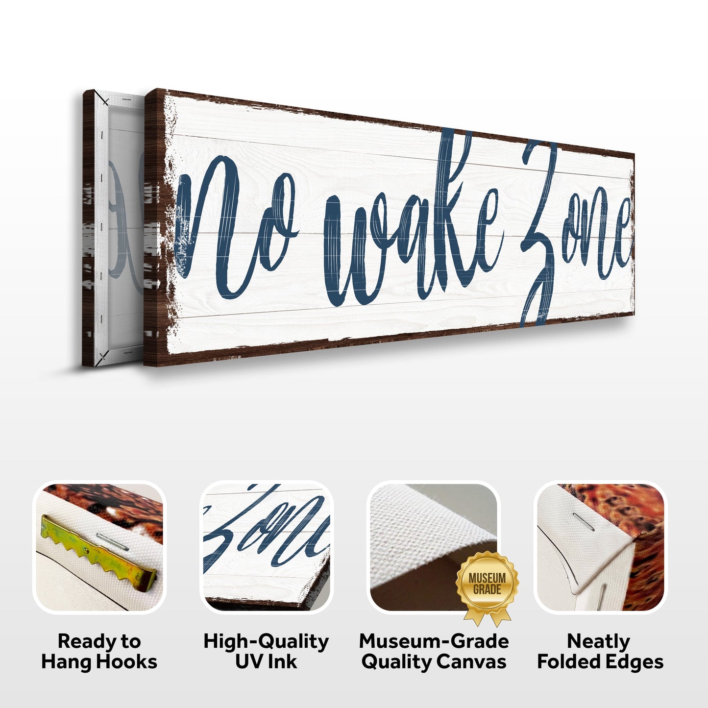 No Wake Zone Sign XV canvas by Tailored Canvases with blue script on white wood plank on Tampa Home & Garden Store