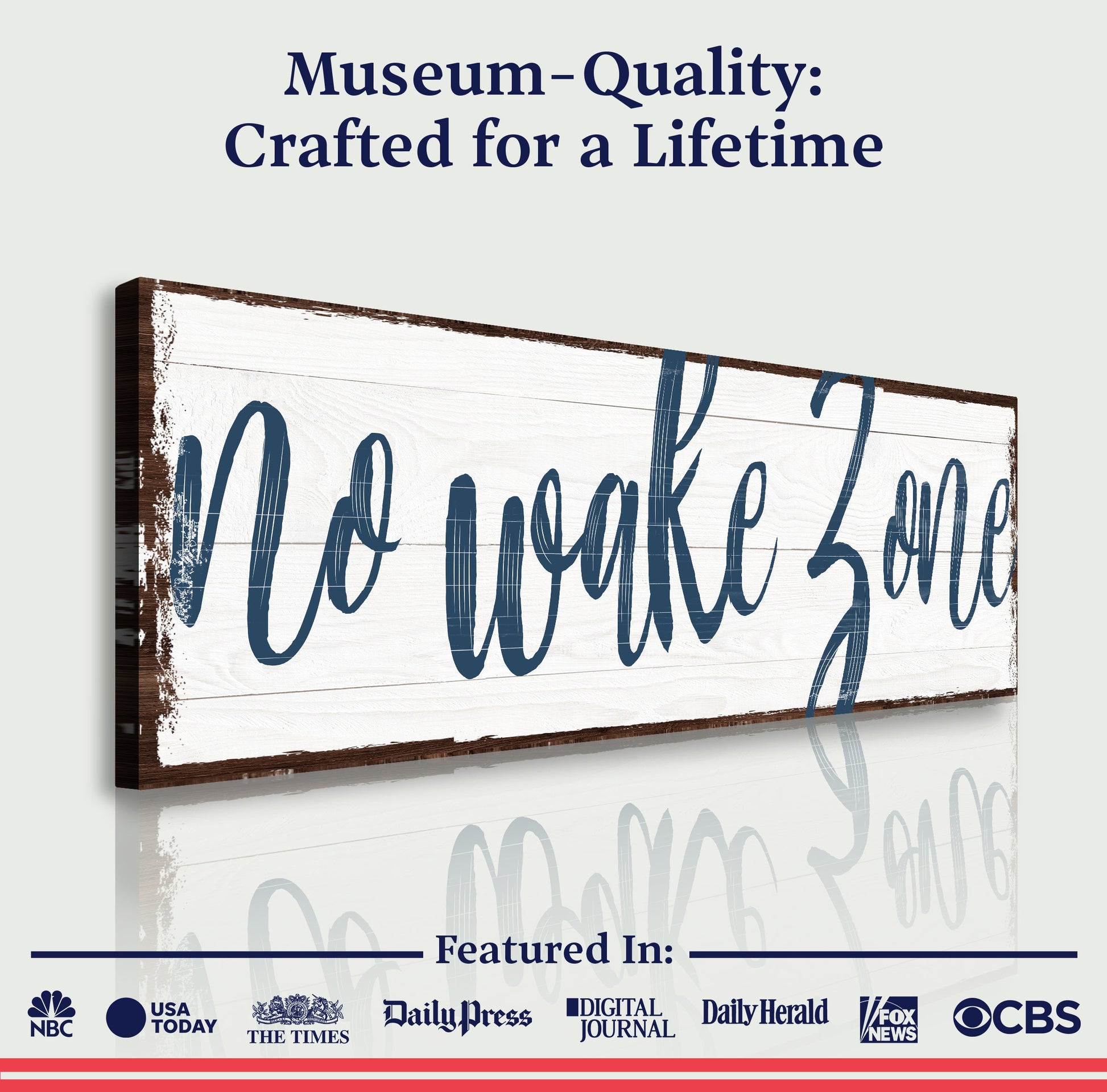 No Wake Zone XV canvas sign with distressed white wood backdrop and navy script on Tampa Home & Garden Store