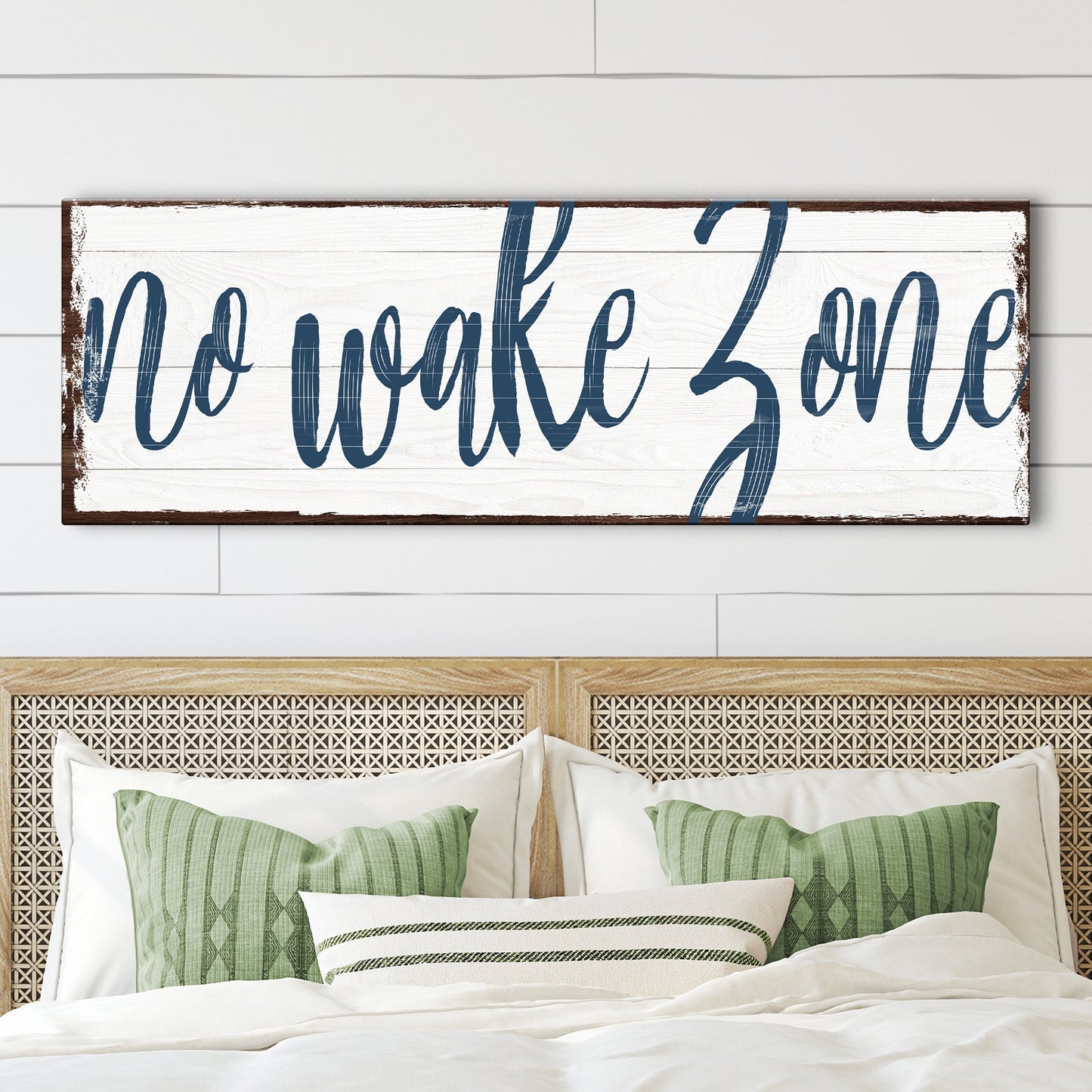 Canvas No Wake Zone Sign XV on distressed white wood with blue cursive text on Tampa Home & Garden Store