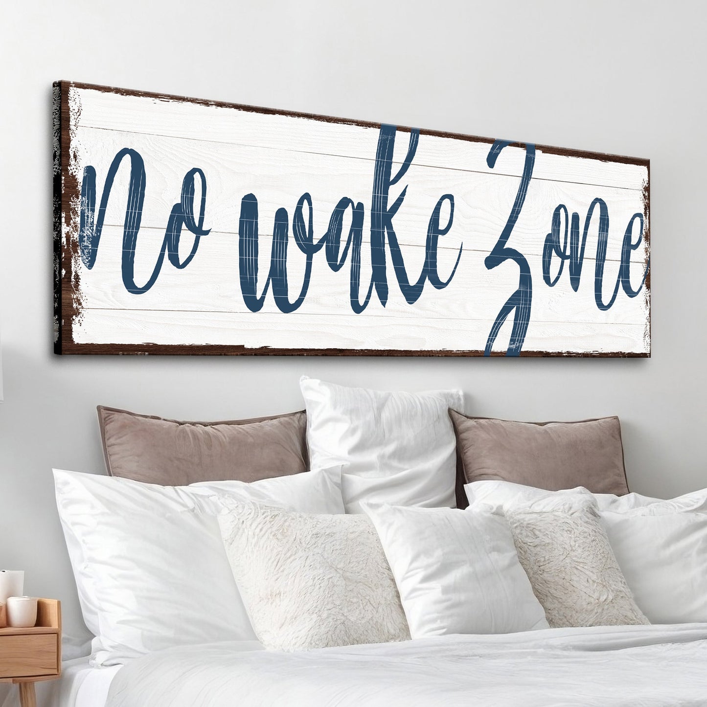Canvas No Wake Zone Sign XV by Tailored Canvases with blue script on white wood background on Tampa Home & Garden Store