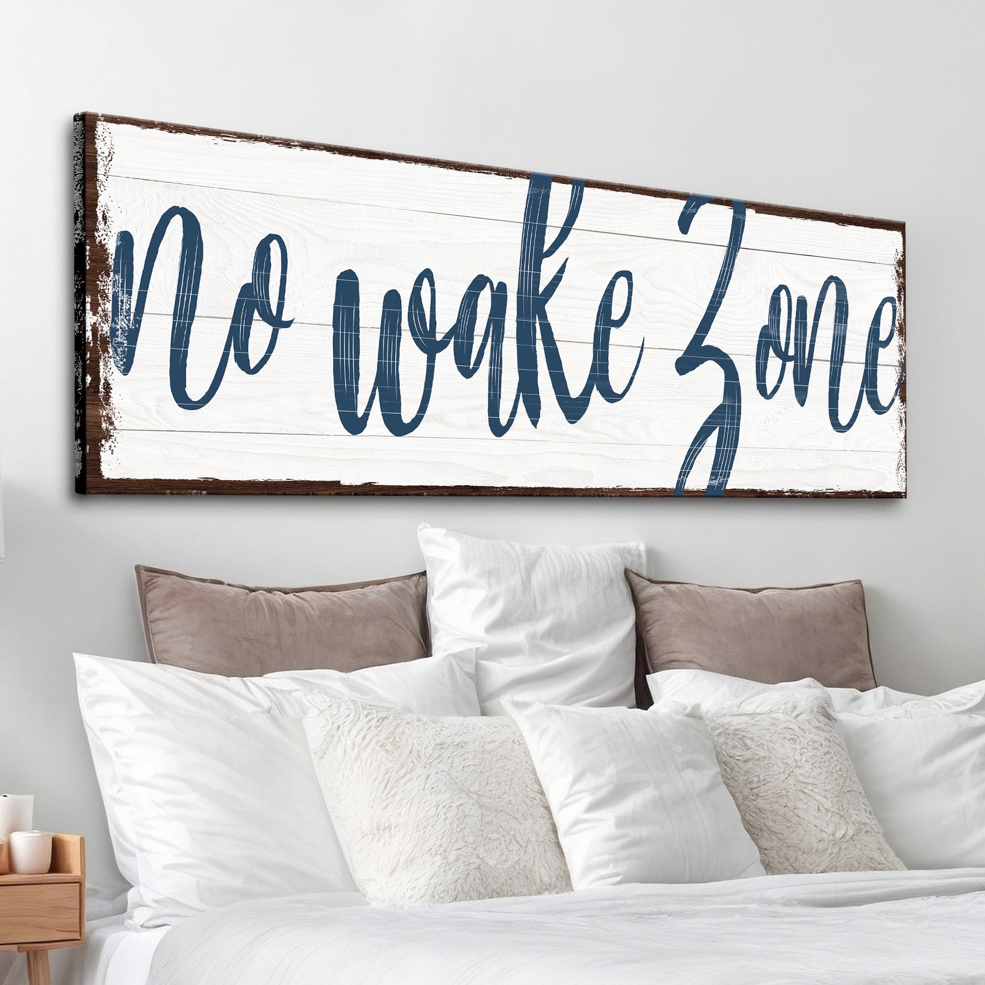 Canvas No Wake Zone Sign XV by Tailored Canvases with blue script on white wood background on Tampa Home & Garden Store