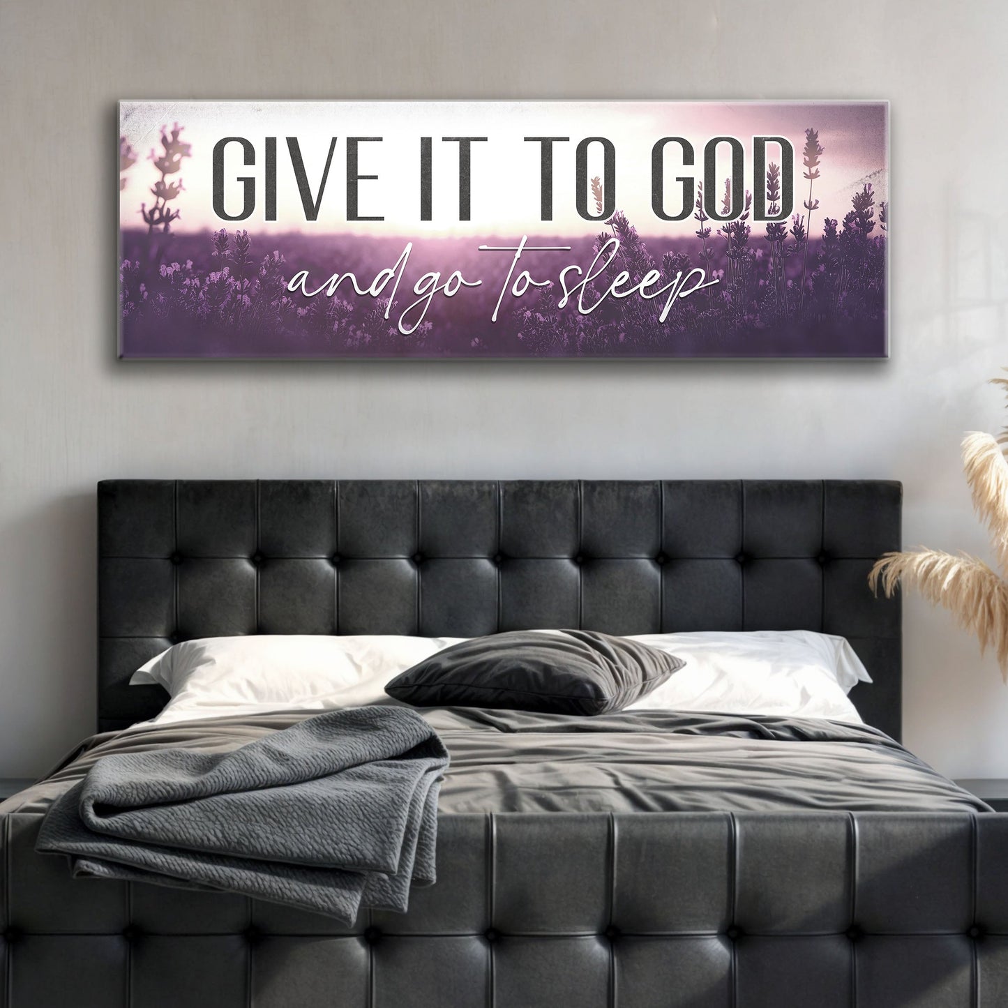 Tailored Canvases crafting canvas sign Give It To God And Go To Sleep with lavender backdrop on Tampa Home & Garden Store