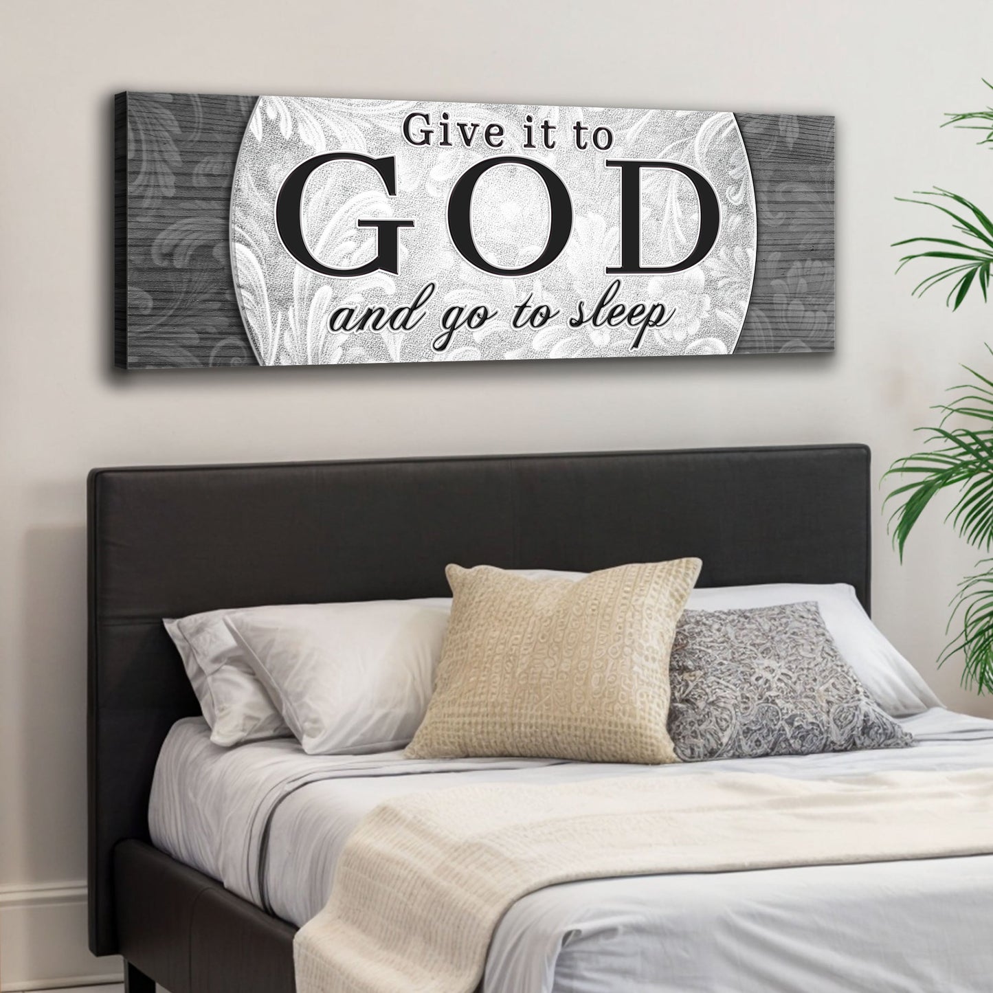 Tailored Canvases canvas wall art Give It To GOD And Go To Sleep black lettering on gray damask on Tampa Home & Garden Store