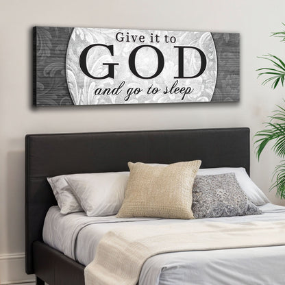 Tailored Canvases canvas wall art Give It To GOD And Go To Sleep black lettering on gray damask on Tampa Home & Garden Store