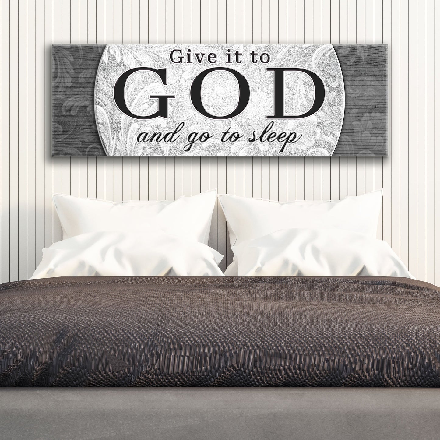 Give It To God And Go To Sleep faith sign canvas with bold GOD lettering on curved panel on Tampa Home & Garden Store